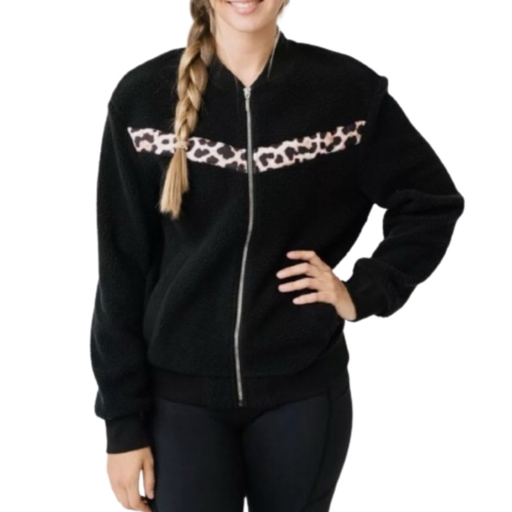 Zyia Active Sherpa Teddy Flying V Fleece Full Zip Jacket Black Leopard Sz Large